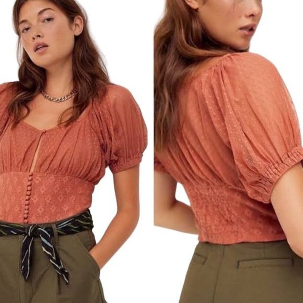 Free People Heartstrings Lace Crop Top With Puff Sleeve in Rose Size Large NWT